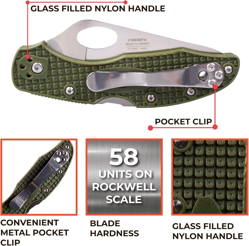 Firebird GANZO F759MS-GR Pocket Folding Knife 440C Stainless Steel Serrated Blade Anti-Slip Handle with Clip Fishing Camping Outdoor EDC Utility Pocket Knife (Green) - Image 2